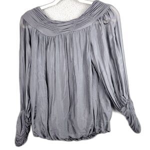Dos Sena Milano Blouse Silver Gray S Made in Italy Silk Ruched Cuff Quiet Luxury
